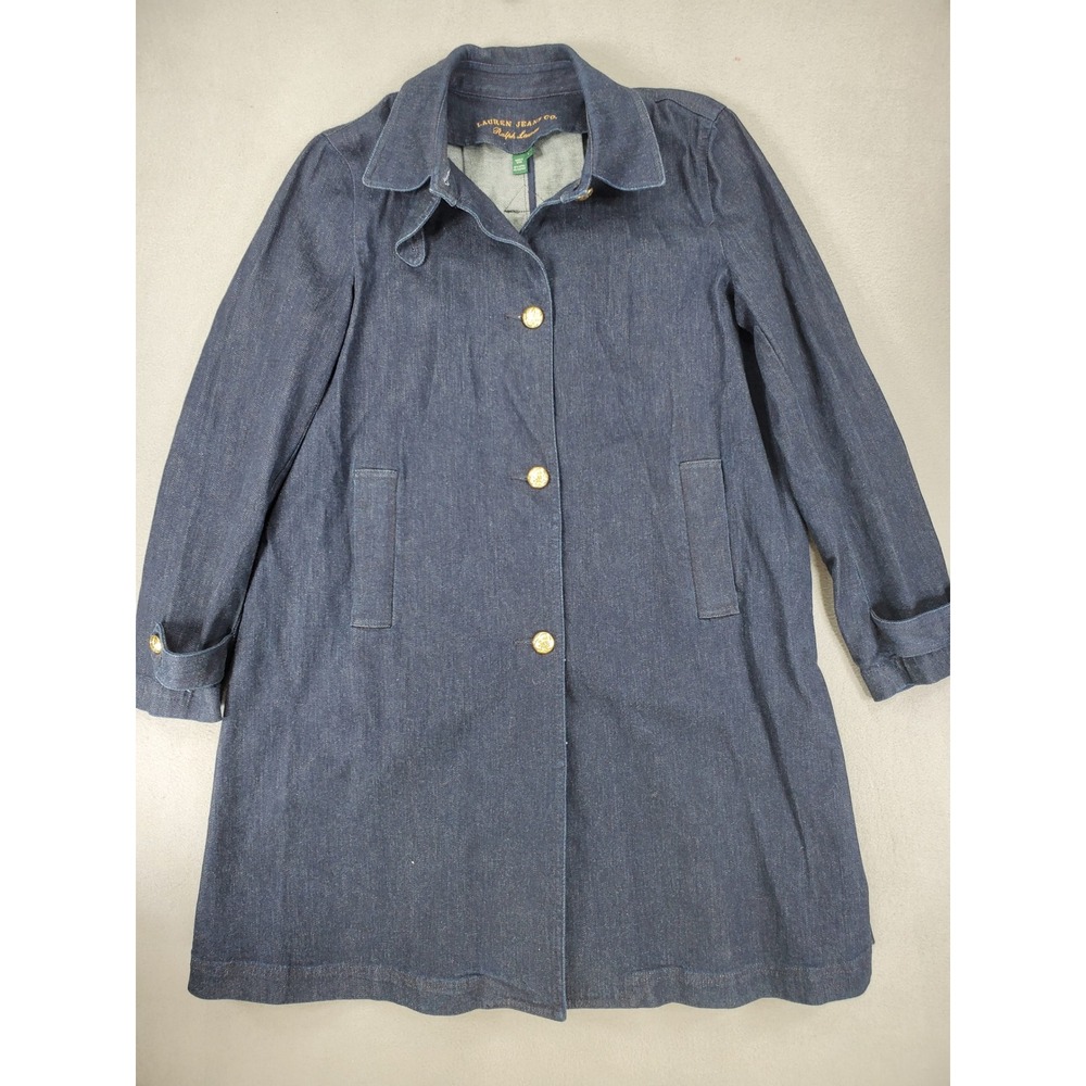 Lauren Jeans Co Ralph Lauren Trench Coat Womens L Blue Denim Gold Crest Buttons